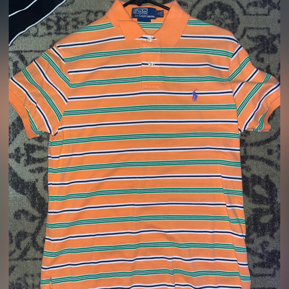 Ralph Lauren Men's Orange and Blue Striped Polo Shirt